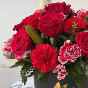 Rosas y Claveles Elegantes, flores para regalar en caja en una ocasión romántica, nosotros nos encargamos de entregarlas a domicilio en Bogotá, Floristería Flores Para Regalo, Floristería abierta las 24 Horas