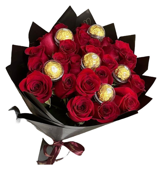 Bouquet Romántico - Ramo 24 Rosas Rojas con Chocolates Bogotá