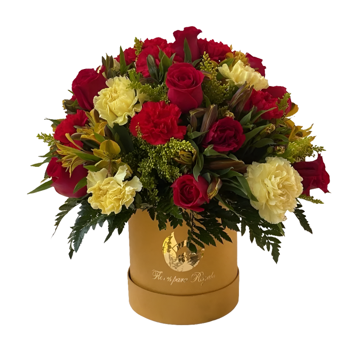  Caja Dorada Premium - El Regalo Perfecto Para Ella
Sorprende con elegancia y sofisticación con nuestra exclusiva Caja Dorada Premium. Un arreglo floral de lujo que combina la pasión de las rosas rojas con la delicadeza de alstroemerias y claveles frescos.