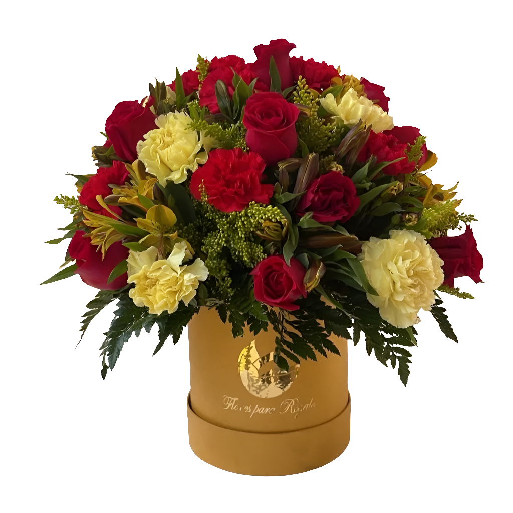  Caja Dorada Premium - El Regalo Perfecto Para Ella
Sorprende con elegancia y sofisticación con nuestra exclusiva Caja Dorada Premium. Un arreglo floral de lujo que combina la pasión de las rosas rojas con la delicadeza de alstroemerias y claveles frescos.