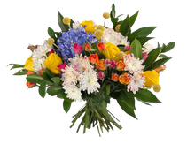 Load image into Gallery viewer, Bouquet Humilde con flores amarillas, naranjas, blancas y acento azul para graduación