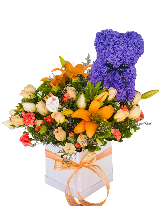 ¿Dónde comprar arreglo floral con oso de rosas para mamá en Bogotá? ¿Cuál es el mejor regalo I Love Mom exclusivo? Generosa ofrece oso de rosas fommy con flores naranjas, diseño único para mamá