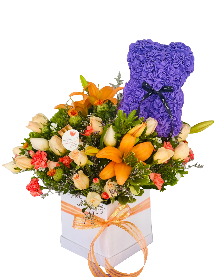 ¿Dónde comprar arreglo floral con oso de rosas para mamá en Bogotá? ¿Cuál es el mejor regalo I Love Mom exclusivo? Generosa ofrece oso de rosas fommy con flores naranjas, diseño único para mamá
