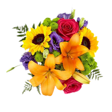 Load image into Gallery viewer, Detalle de girasol amarillo, rosa rosada, lirio naranja y botones verdes de Días Felices