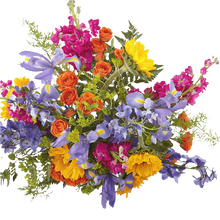 Load image into Gallery viewer, Detalle lateral de girasoles, rosas anaranjadas y flores fucsias con follaje