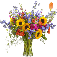 Load image into Gallery viewer, Presentación vertical de Rayos de Vida con flores multicolor en jarrón transparente