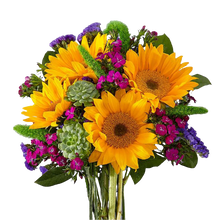 Load image into Gallery viewer, Ramo Verano con girasoles, suculentas y flores fucsias y violetas.