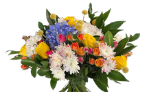 Load image into Gallery viewer, ramo floral Humilde con flores amarillas, naranjas, blancas y acento azul para graduación