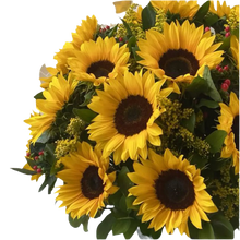 Load image into Gallery viewer, Vista lateral de girasoles amarillos y ramas florales sobre follaje verde.