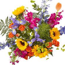 Load image into Gallery viewer, Vista superior de girasoles, rosas anaranjadas y flores violetas del arreglo Rayos de Vida