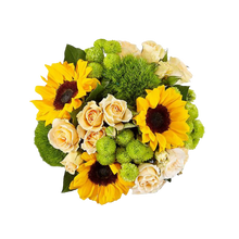 Load image into Gallery viewer, Vista superior de girasoles, rosas crema y pompones verdes en composición redonda
