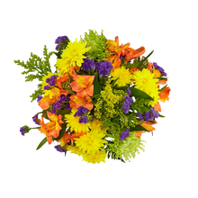 Cargar imagen en el visor de la galería, Vista superior del Bouquet Cielo mediano con flores mixtas y follaje verde.