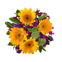 Load image into Gallery viewer, Vista superior del ramo Verano con girasoles, rosetas verdes y flores multicolor.