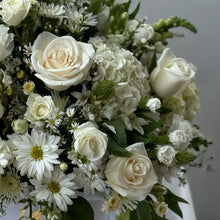 Load image into Gallery viewer, Flores Blancas en Caja, Flores Para Regalo, Domicilio Bogota, Flores blancas en caja, incluye rosas, hortensias, margaritas y una variedad de flores blancas para un regalo elegante y delicado.