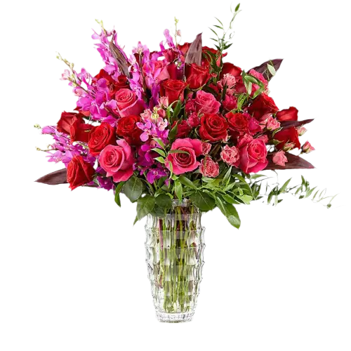 Tamaño grande, vista frontal. ¡Celebre con estilo con nuestro hermoso arreglo de flores Eficiente Flores! Con rosas y flores elegantes, este arreglo no solo es elegante, sino también eficiente en transmitir sus sentimientos. Floristería Flores Para Regalo, domicilios en Bogotá