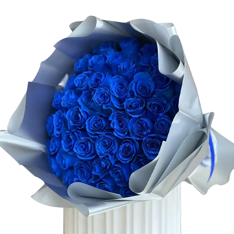 Imagen con un ramo de 50 rosas azules para celebrar la fiesta del Hanukkah, entrega a domicilio en Bogotá y Miami, floristería Flores 24 Horas, imagen de ramo completo.