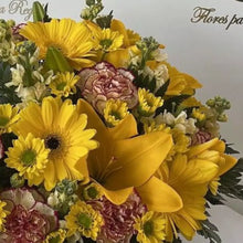 Load image into Gallery viewer, Primavera Flores Amarillas es una hermosa caja de lujo con una mezcla de flores como las gerberas, lirios, claveles, alelíes, acompañamiento en tonos verdes y margaritas en tonos amarillos, flores para regalar, cumpleaños, bienvenida, regalos únicos, Flores Para Regalo